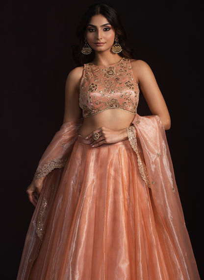 Coral Embroidered Crepe Lehenga