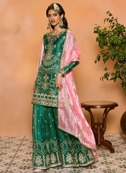 Green and Pink Embroidered Sharara Suit