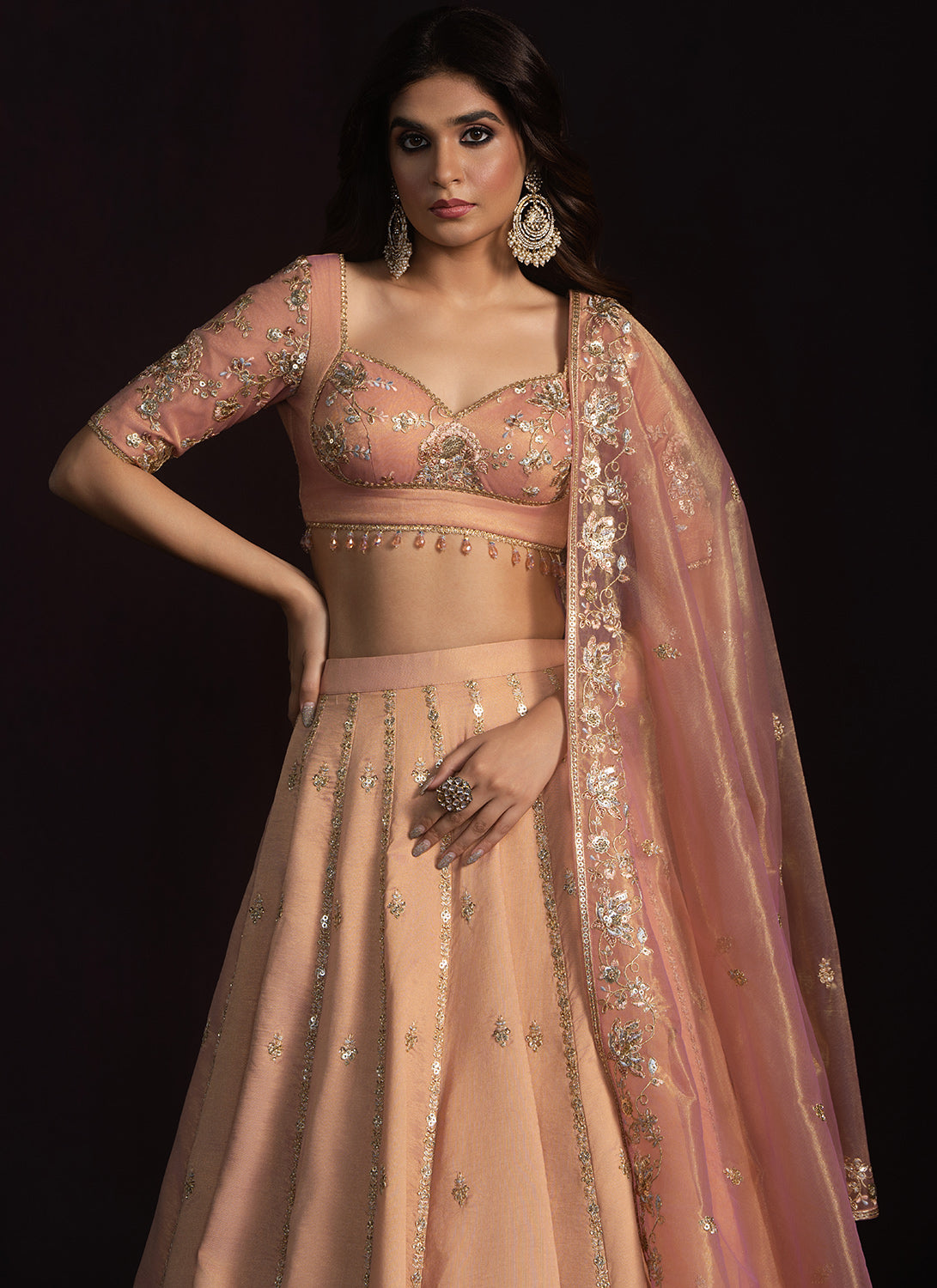 Dusty Peach Embroidered Net Lehenga