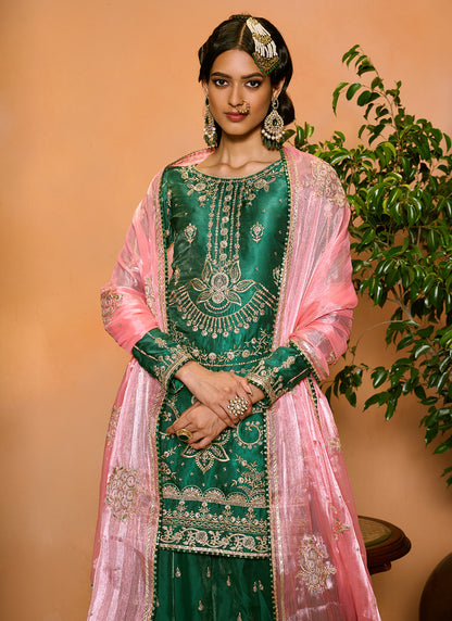 Green and Pink Embroidered Sharara Suit