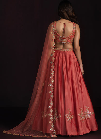 Rust Embroidered Chinon Lehenga