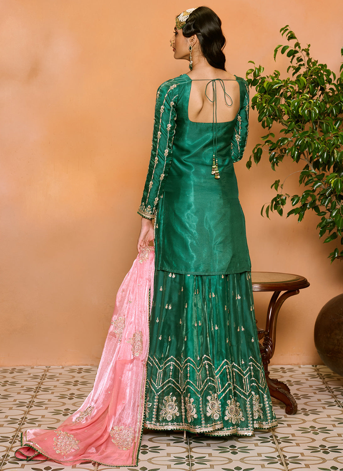 Green and Pink Embroidered Sharara Suit