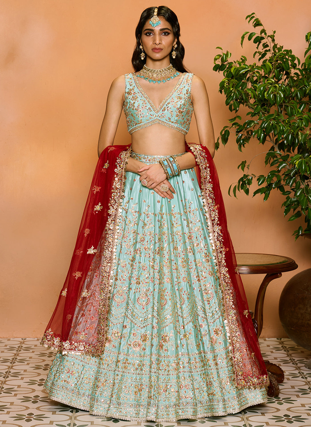 Mint Blue and Maroon Embroidered Lehenga