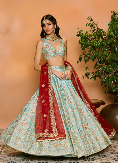 Mint Blue and Maroon Embroidered Lehenga