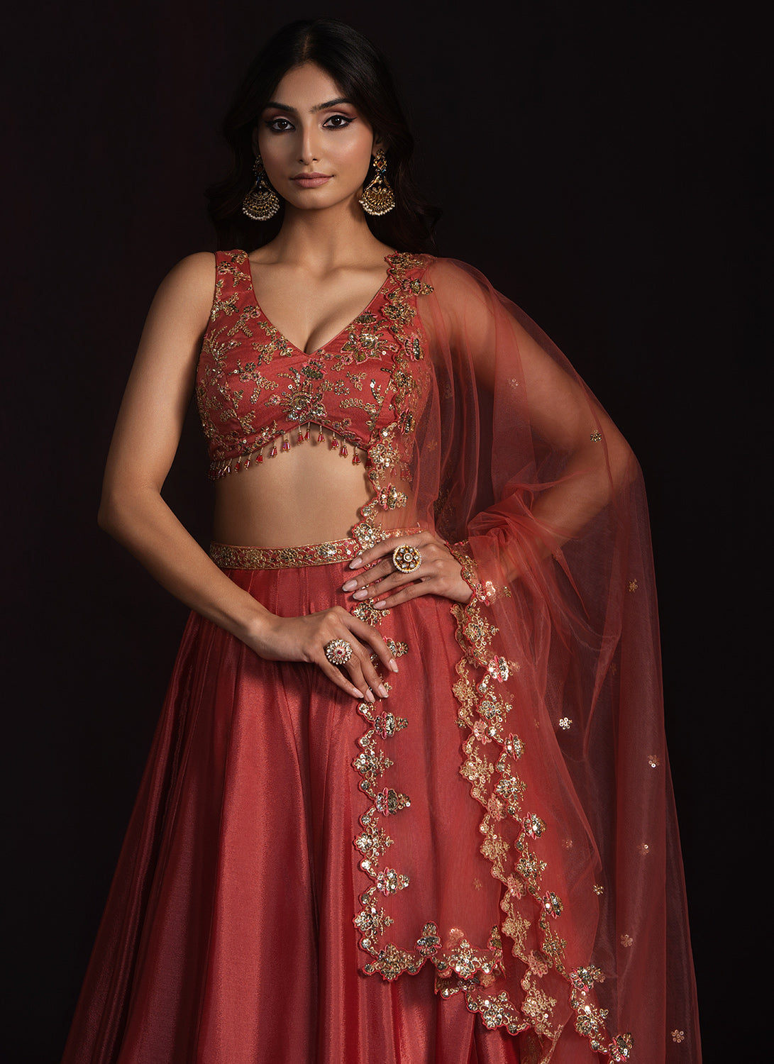 Rust Embroidered Chinon Lehenga