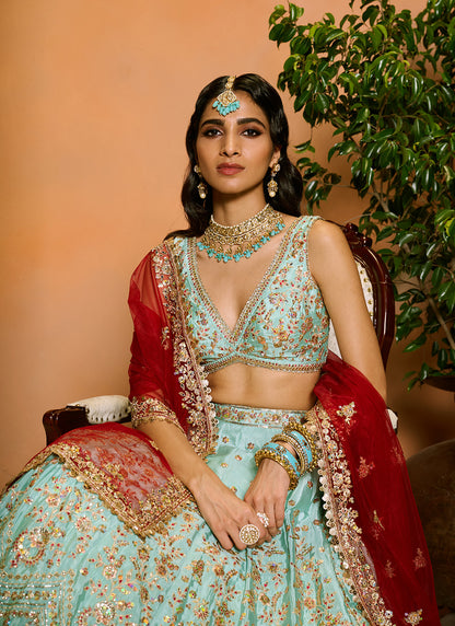 Mint Blue and Maroon Embroidered Lehenga