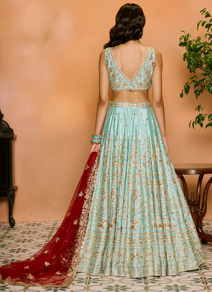 Mint Blue and Maroon Embroidered Lehenga