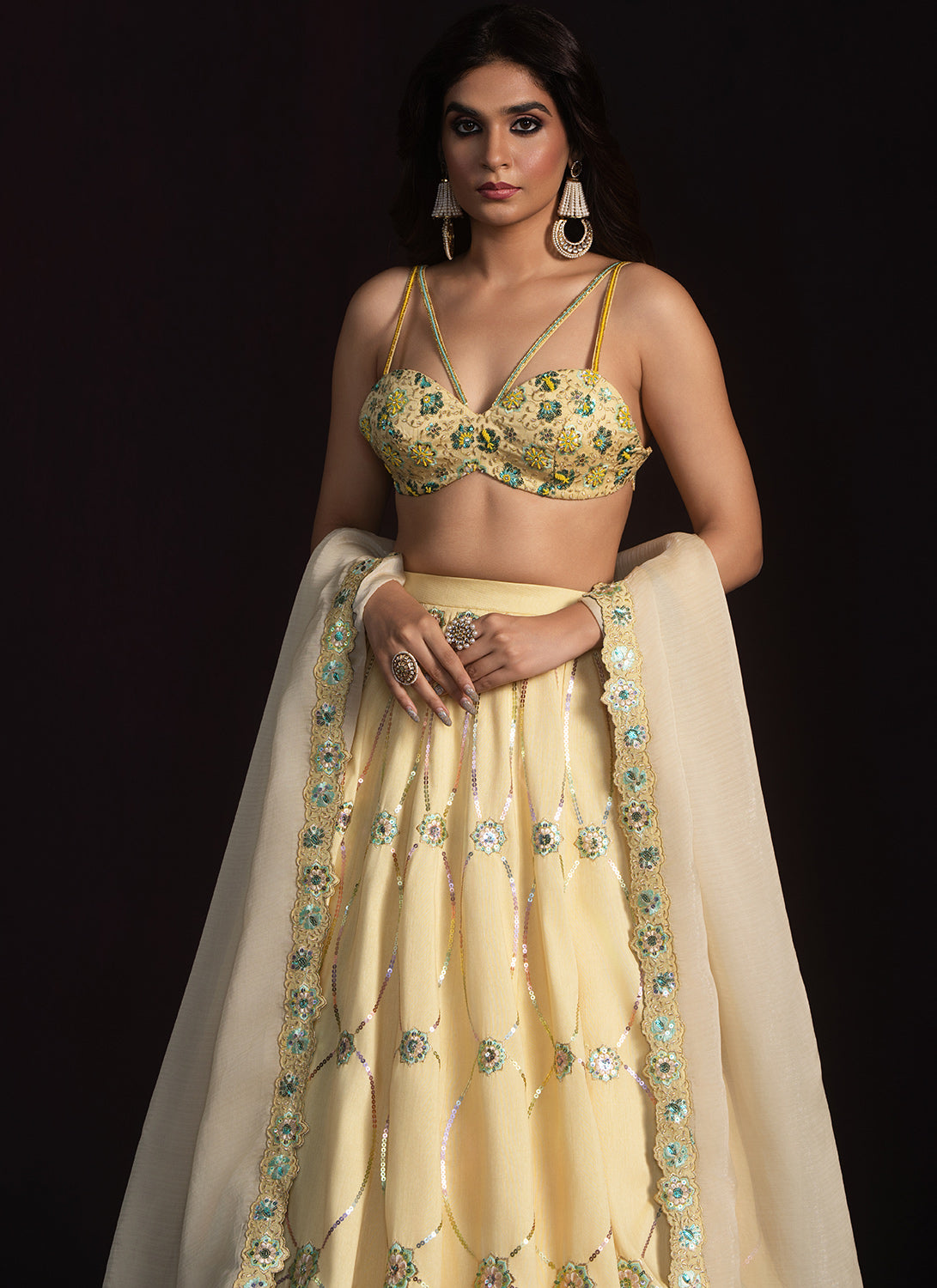 Light Yellow Embroidered Silk Lehenga