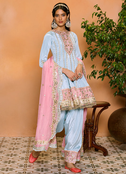 Pink and Light Blue Embroidered Punjabi Suit