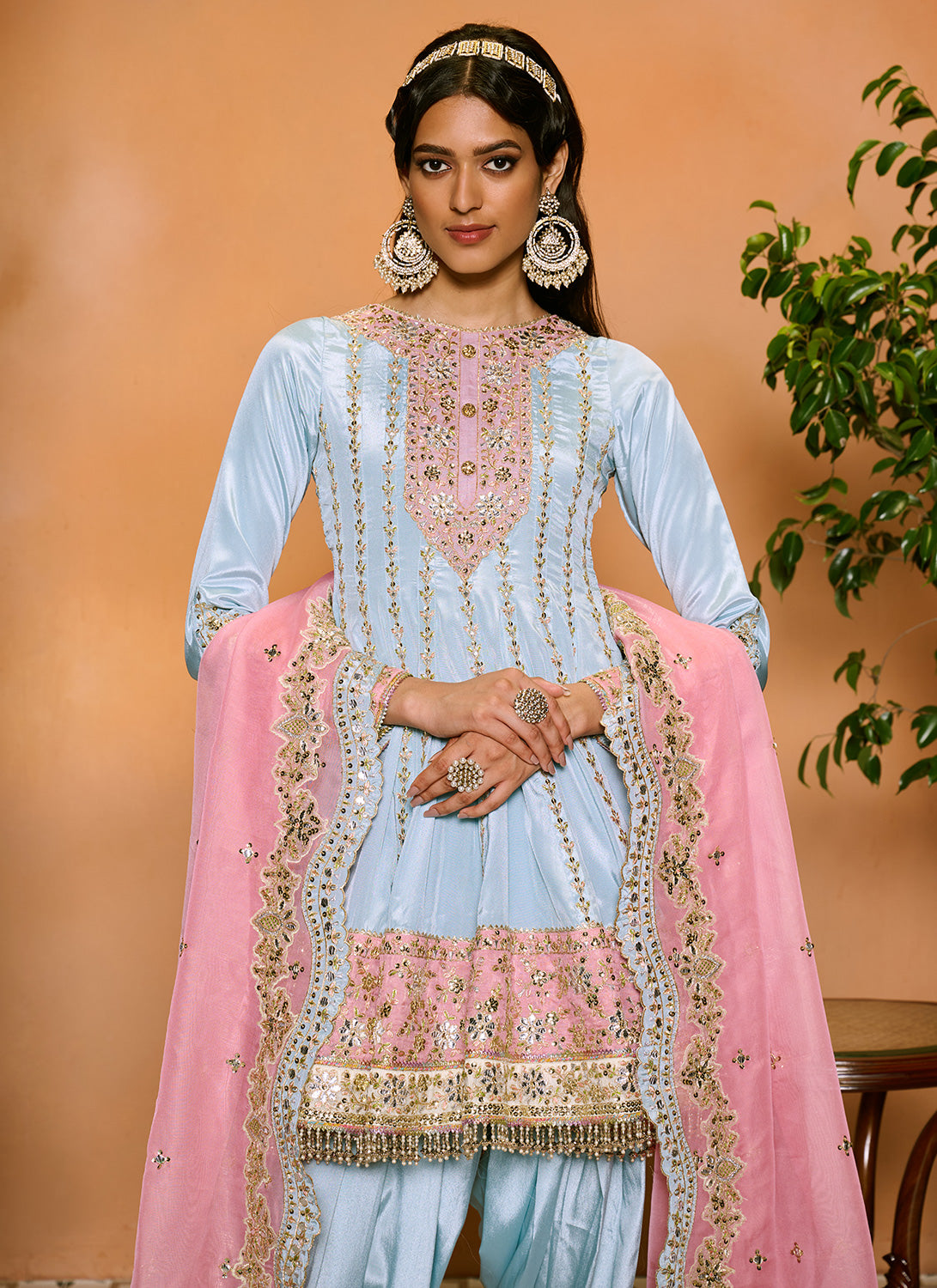 Pink and Light Blue Embroidered Punjabi Suit – Lashkaraa