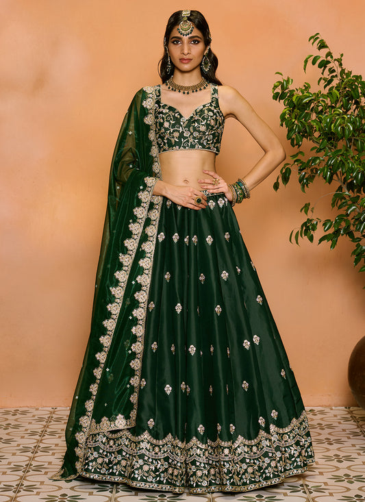 Dark Green Embroidered Lehenga