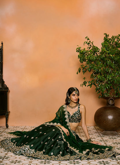 Dark Green Embroidered Lehenga