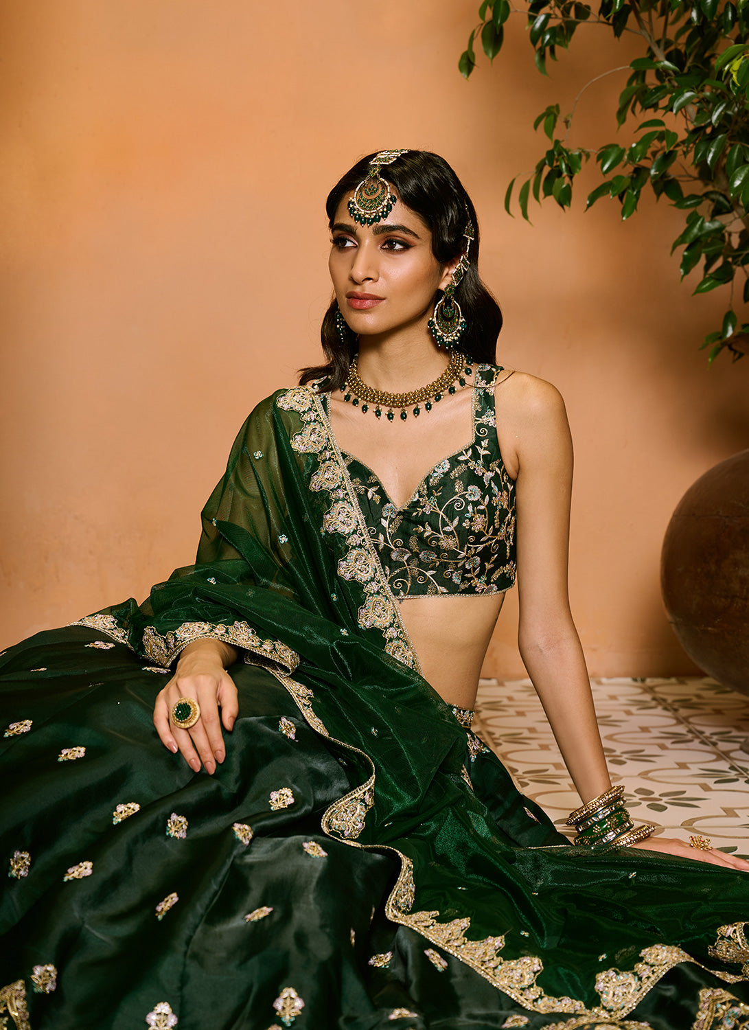 Dark Green Embroidered Lehenga