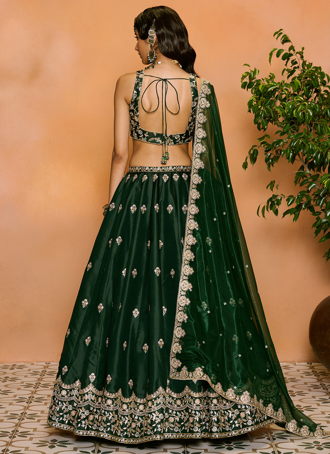 Dark Green Embroidered Lehenga