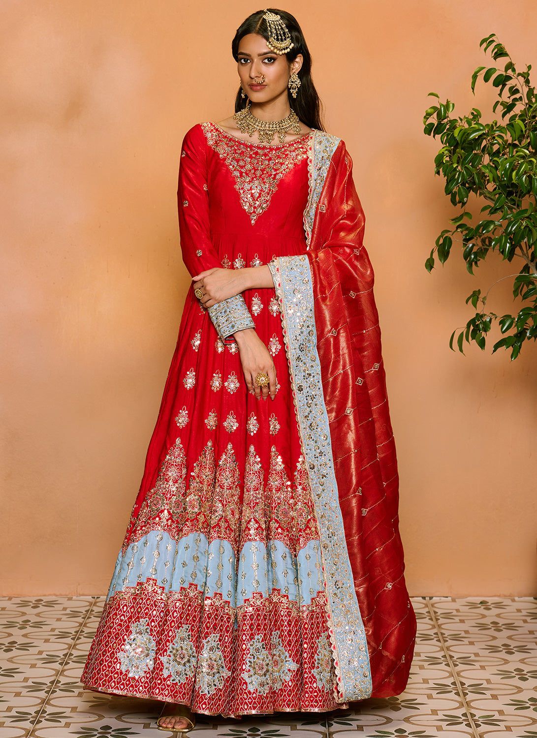 Red Multicolor Embroidered Anarkali