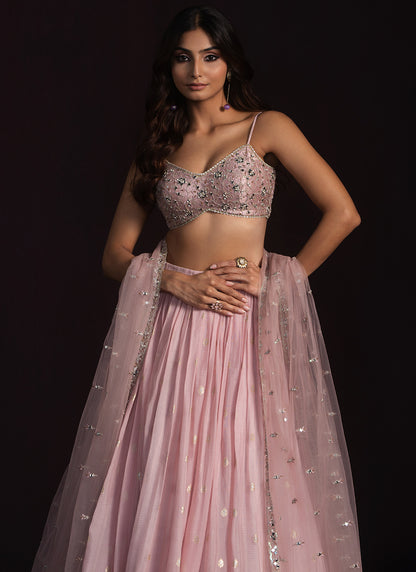 Light Pink Embroidered Net Lehenga