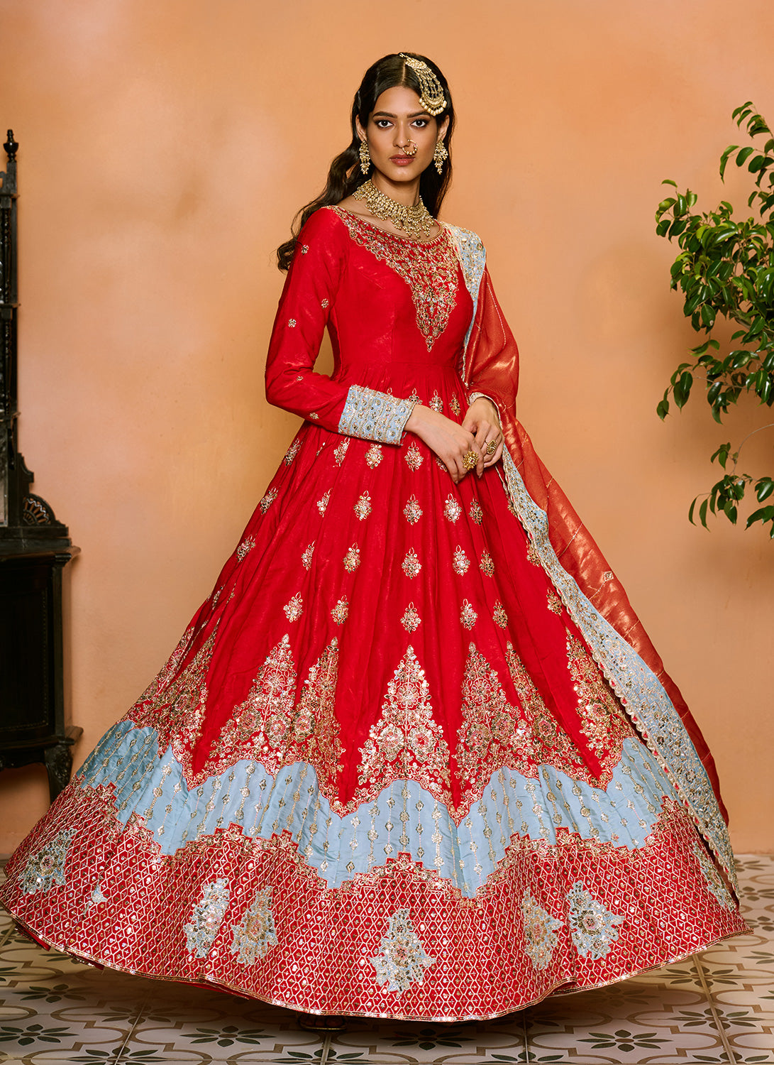 Red Multicolor Embroidered Anarkali