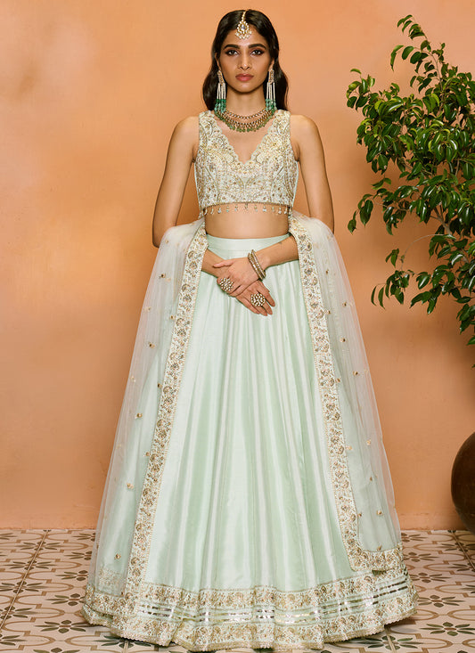 Mint Embroidered Silk Lehenga