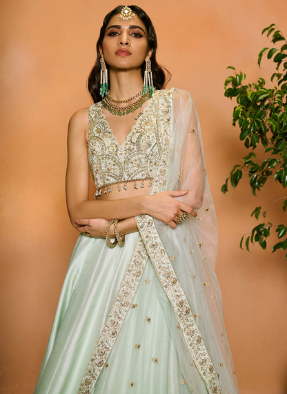 Mint Embroidered Silk Lehenga