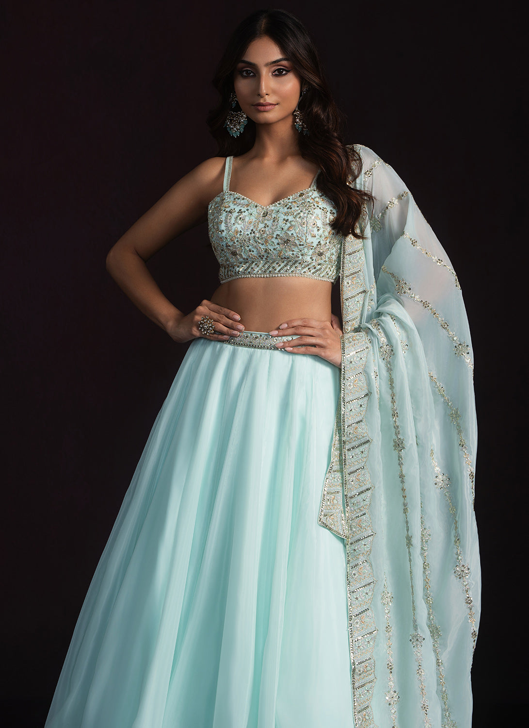 Mint Embroidered Organza Lehenga