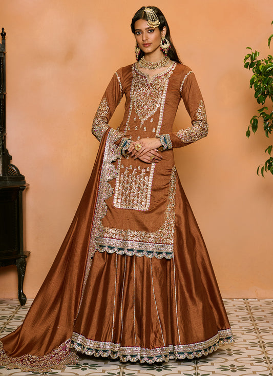 Brown Embroidered Kurti Style Lehenga