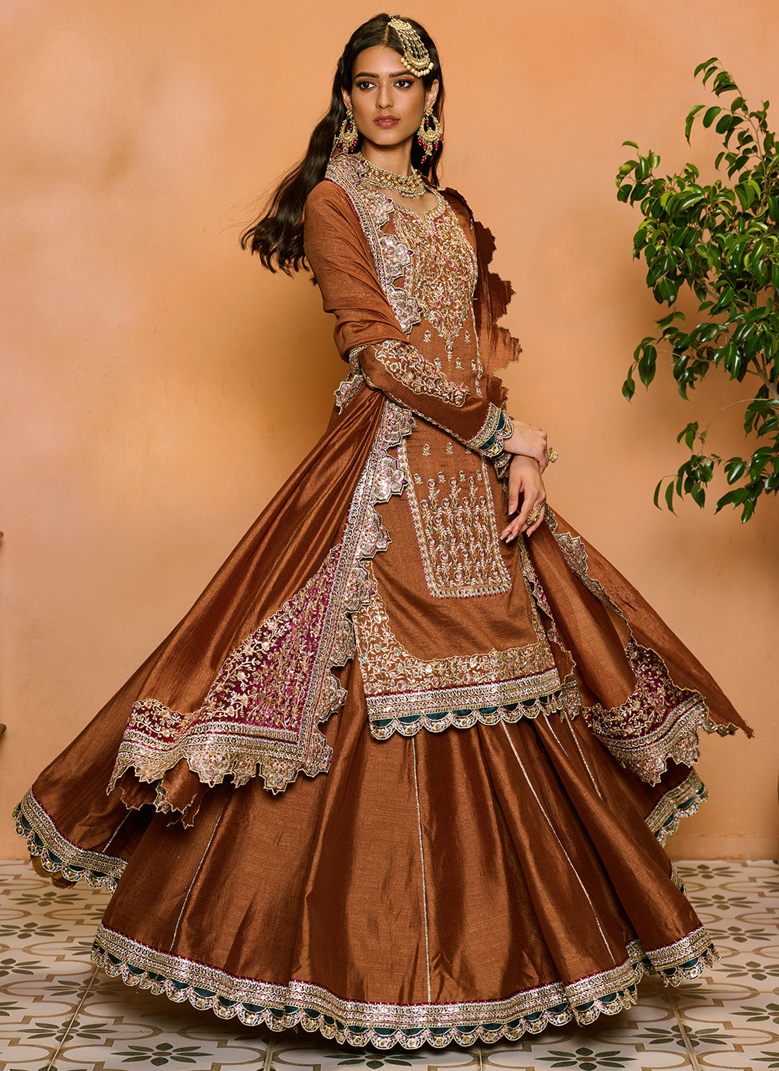 Brown Embroidered Kurti Style Lehenga Lashkaraa