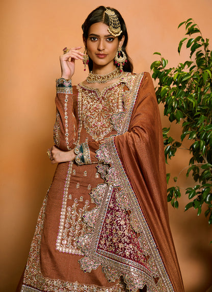 Brown Embroidered Kurti Style Lehenga