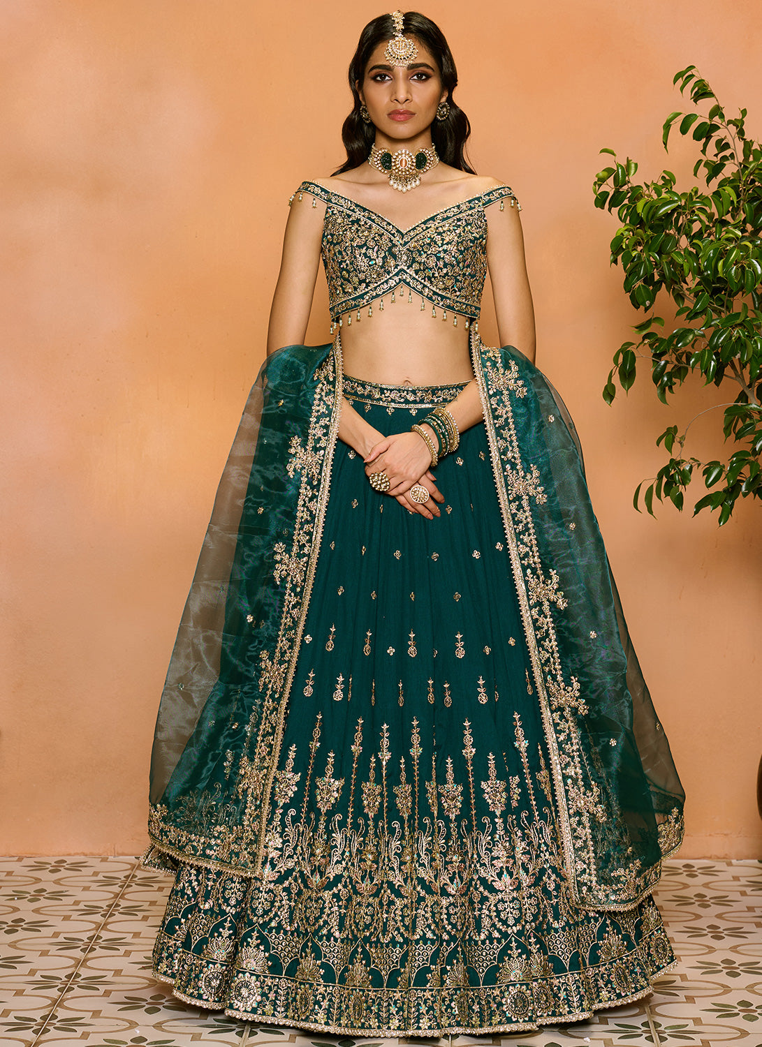 Teal Green Embroidered Lehenga