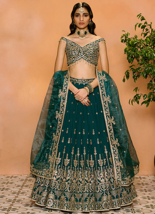 Teal Green Embroidered Lehenga