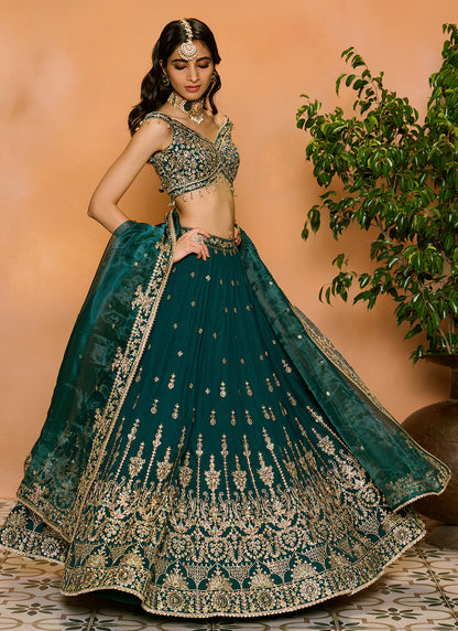 Teal Green Embroidered Lehenga