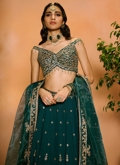 Teal Green Embroidered Lehenga