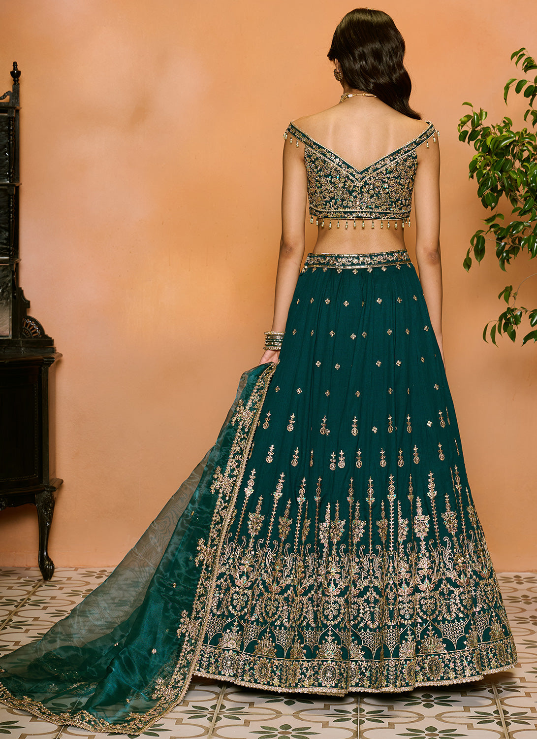 Teal Green Embroidered Lehenga