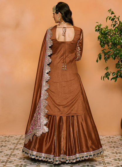 Brown Embroidered Kurti Style Lehenga