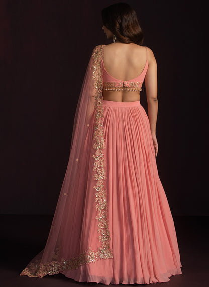 Coral Pink Embroidered Georgette Lehenga