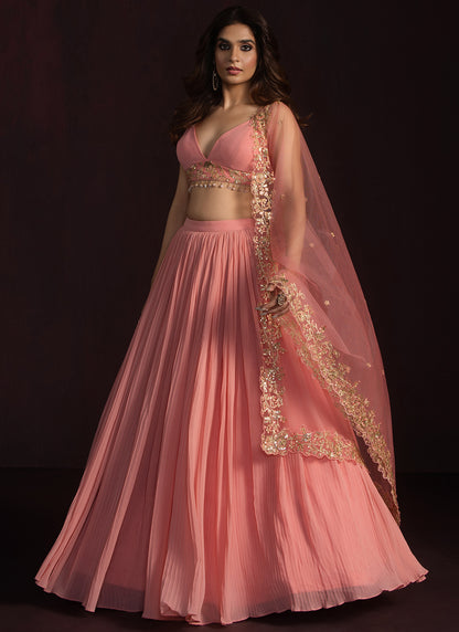 Coral Pink Embroidered Georgette Lehenga