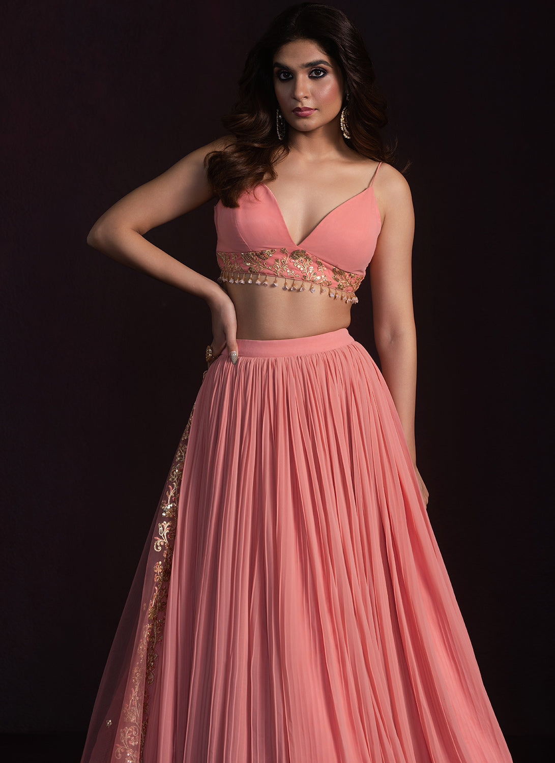 Coral Pink Embroidered Georgette Lehenga