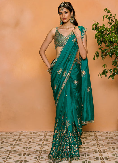 Teal Green Embroidered Silk Saree