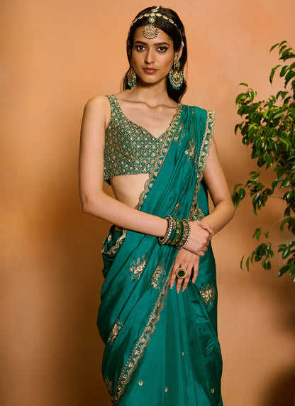 Teal Green Embroidered Silk Saree