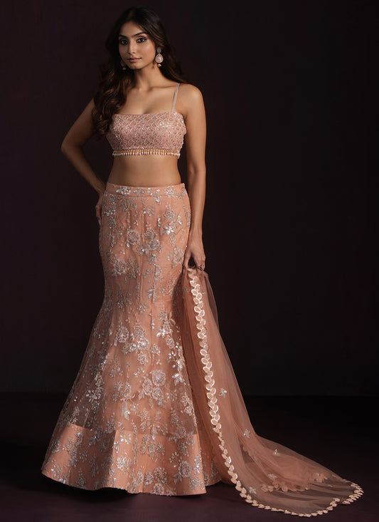 Peach Fishcut Embroidered Net Lehenga