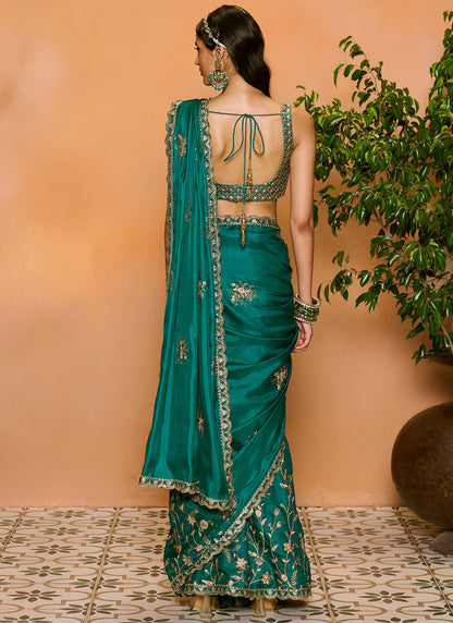 Teal Green Embroidered Silk Saree