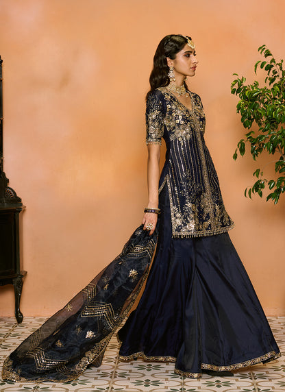 Navy Blue Embroidered Sharara Suit