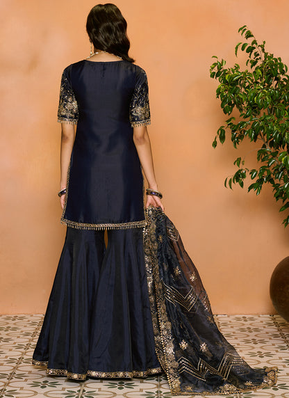 Navy Blue Embroidered Sharara Suit