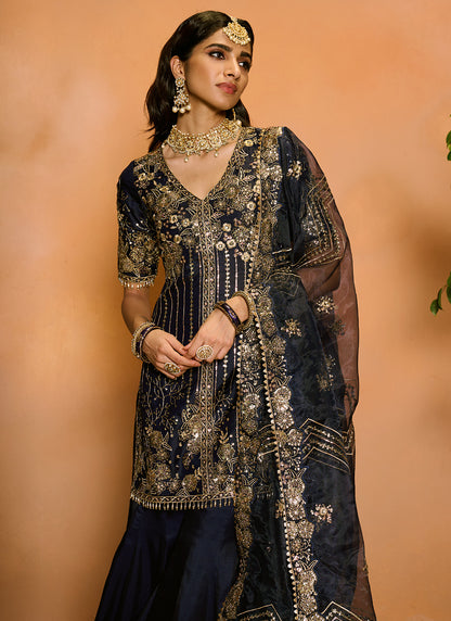 Navy Blue Embroidered Sharara Suit