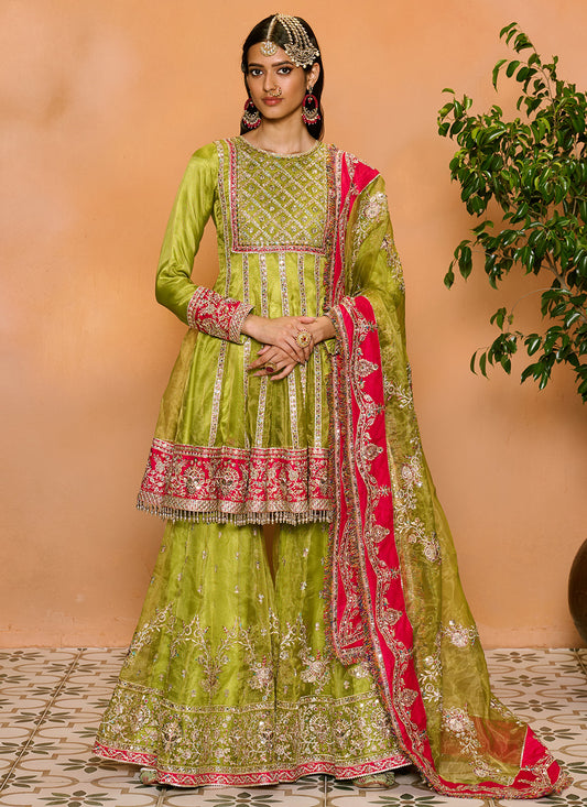 Parrot Green and Hot Pink Embroidered Gharara Suit