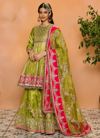 Parrot Green and Hot Pink Embroidered Gharara Suit