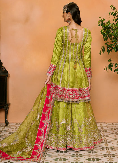 Parrot Green and Hot Pink Embroidered Gharara Suit