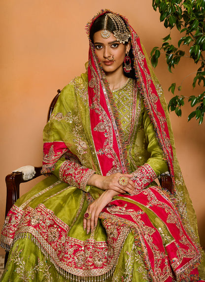 Parrot Green and Hot Pink Embroidered Gharara Suit