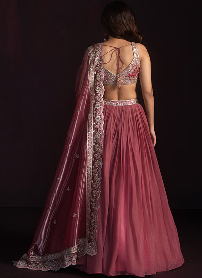 Rose Pink Embroidered Chiffon Lehenga