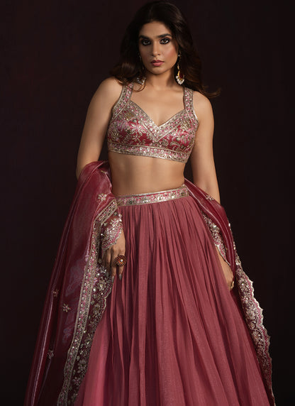 Rose Pink Embroidered Chiffon Lehenga