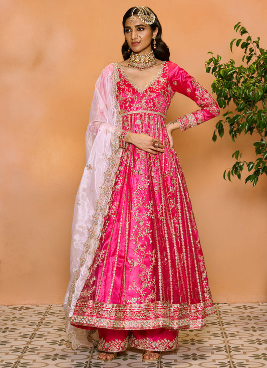 Pink Embroidered Anarkali Style Palazzo Suit